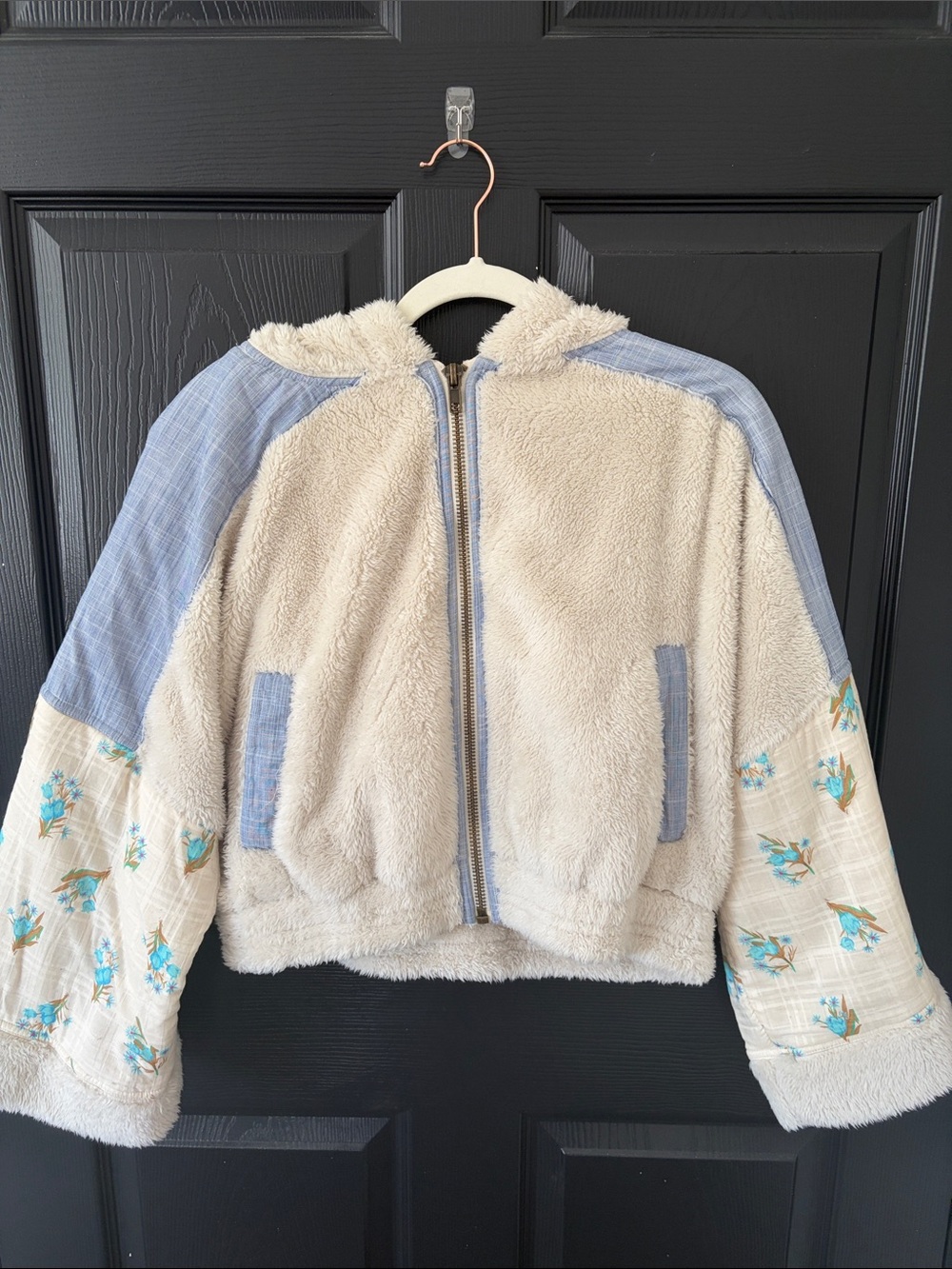Free People Cream Sherpa Zip Jacket with Light Blue Floral Patchwork Sleeves